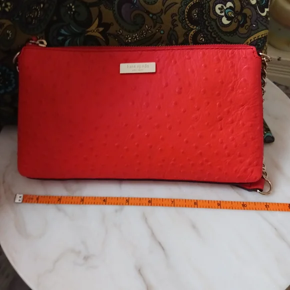 NWOT Kate Spade Red Ostrich Embossed Shoulder Bag, Gold Chain Strap - Picture 8 of 12